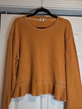 True Craft Women's Waffle-Knit Scoop Neck Sweater in Mustard